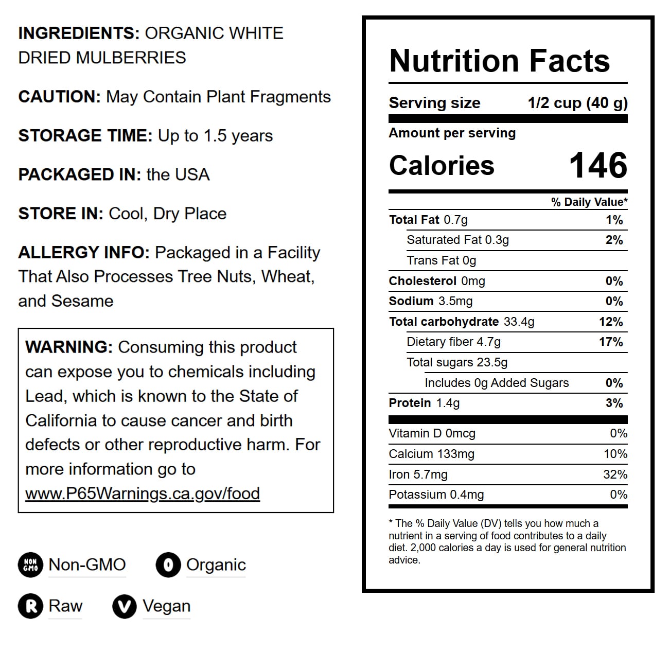 Organic Dried White Mulberries - by Food To Live