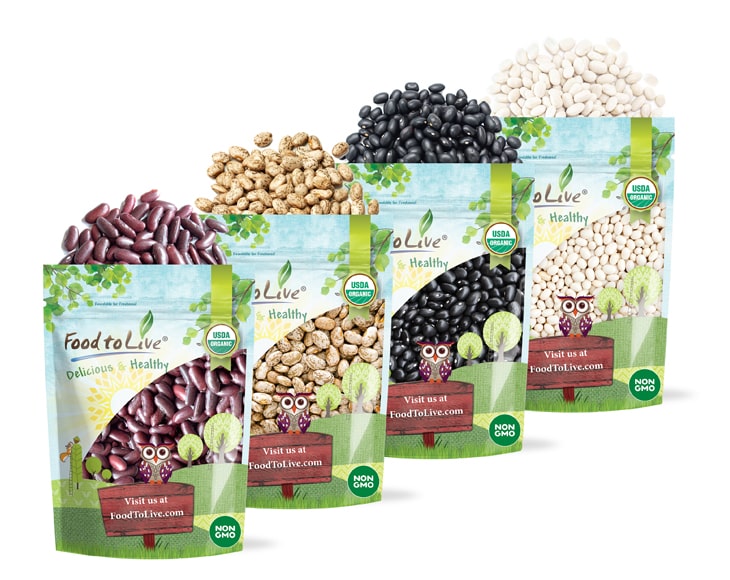 Organic Dry Beans Bundle (4 pack) - Dark Red Kidney Beans (5 LB), Pinto Beans (5 LB), Black Beans (5 LB), Navy Beans (5 LB) - by Food To Live