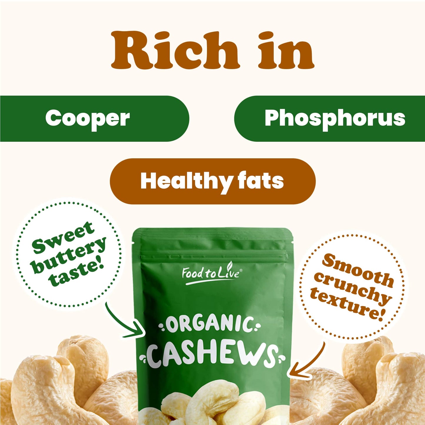 Organic Cashews - Whole, Size W-320, Unsalted - by Food To Live