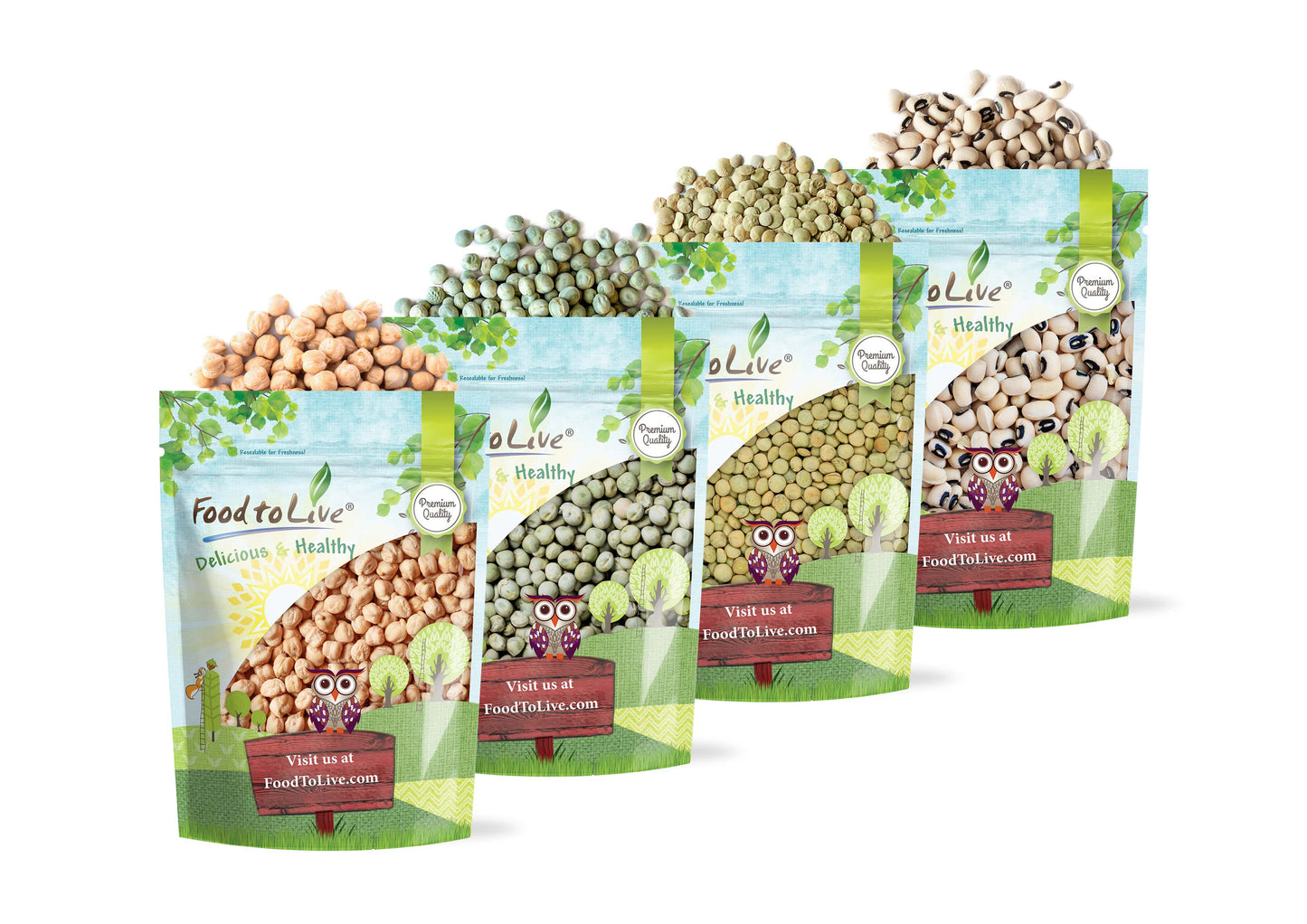 Premium Pulses Bundle, 4 Pack - Chickpeas (5 LB), Whole Green Peas (5 LB), Green Lentils (5 LB), Black-eyed Peas (5 LB) - by Food To Live