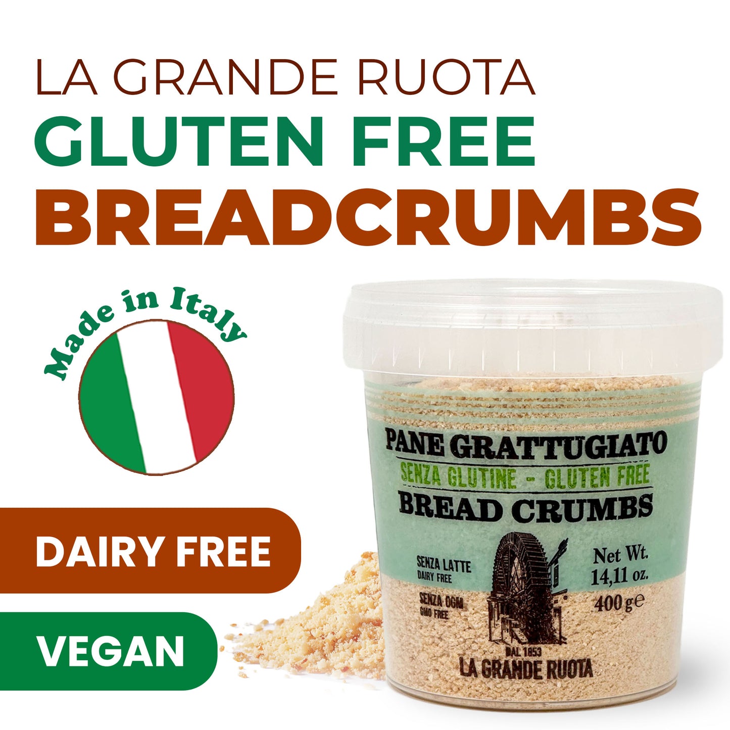 La Grande Ruota Gluten Free Breadcrumbs –Low Carb, Dairy Free. Vegan, Wholesale