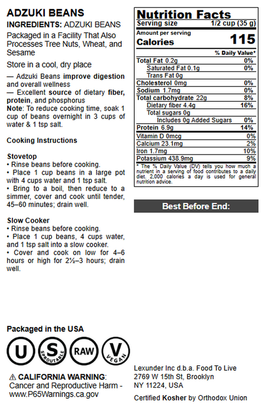 Adzuki Beans - Sprouting, Raw, Vegan - by Food to Live