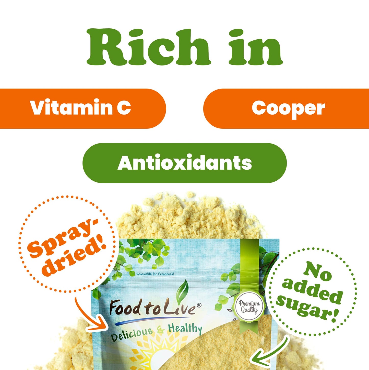 Orange Juice Powder — Made from Raw Dried Citrus Fruit, Unsulfured, Vegan, Bulk, Great for Baking, Juices, Smoothies, Yogurts, and Instant Breakfast Drinks, No Sulphites — by Food to Live