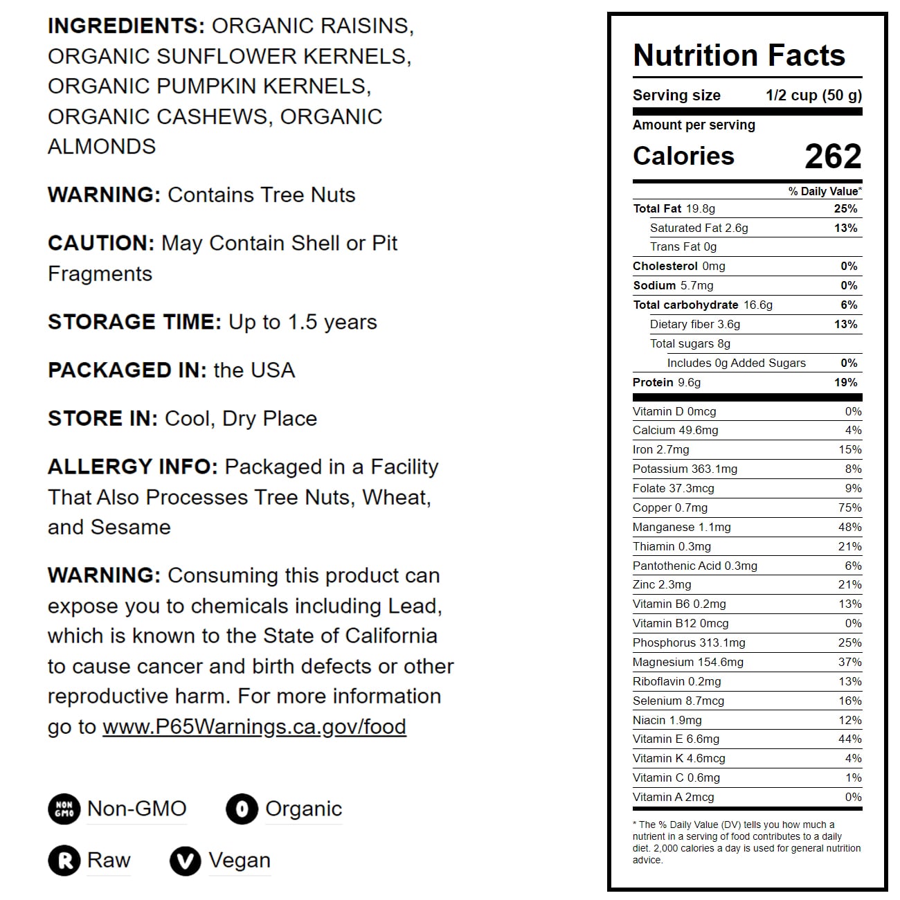 Organic Raw Seeds, Nuts and Raisins Mix - by Food To Live