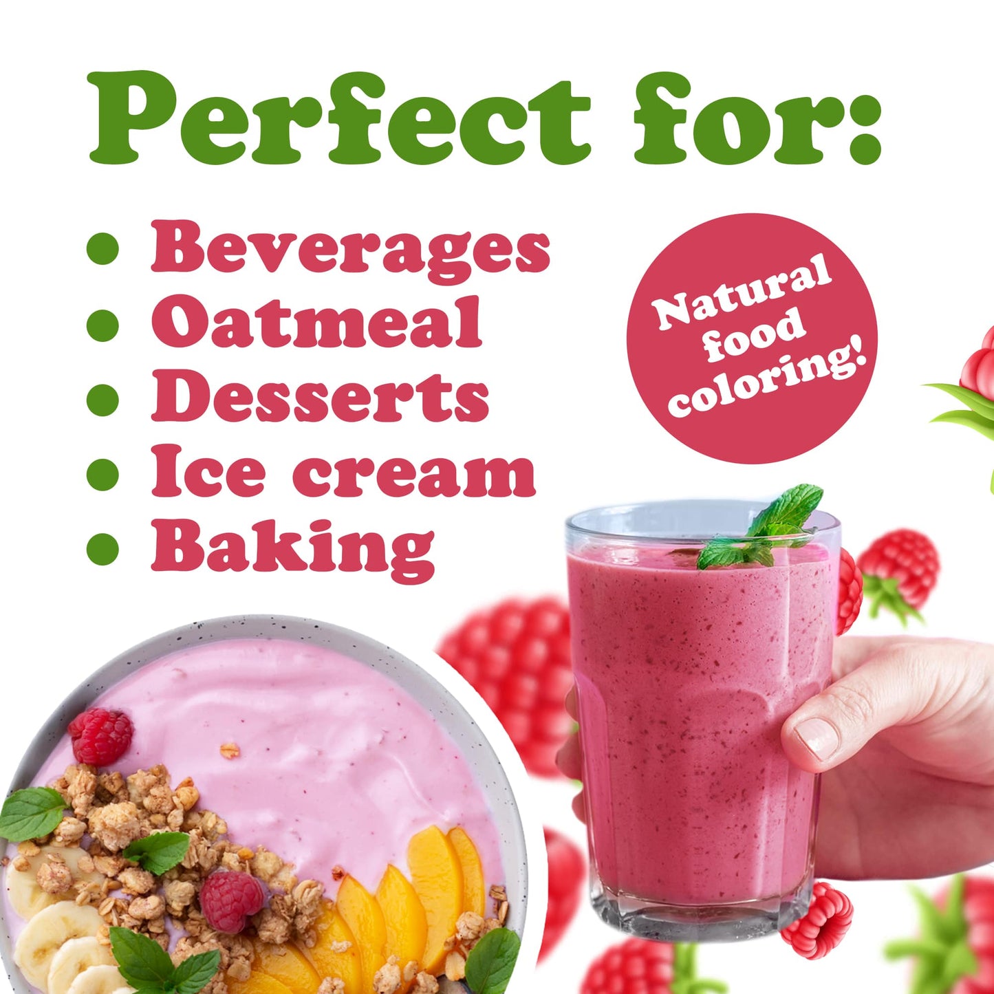 Raspberry Juice Powder – Antioxidant-Rich Superfood for Immune Support, Skin Health – Spray-dried, No Sugar Added, Contains Maltodextrin, Vegan, Kosher, Bulk