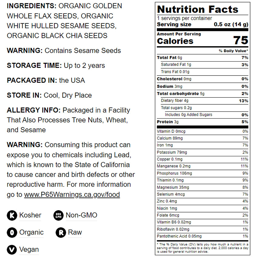 Organic Omega-3 Seeds Mix with Flax, Chia and Sesame - by Food To Live