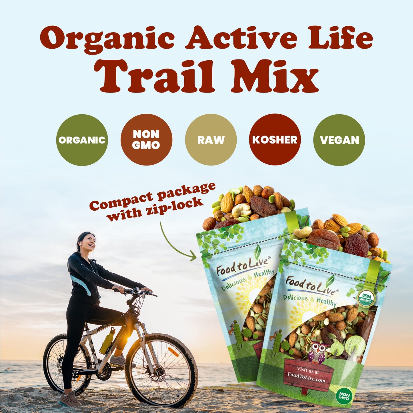 Organic Active Life Trail Mix — Raw and Non-GMO Snack Mix Contains Cashews, Pumpkin Seeds, Apricots, Hazelnuts, Almonds. Vegan, Kosher, Bulk