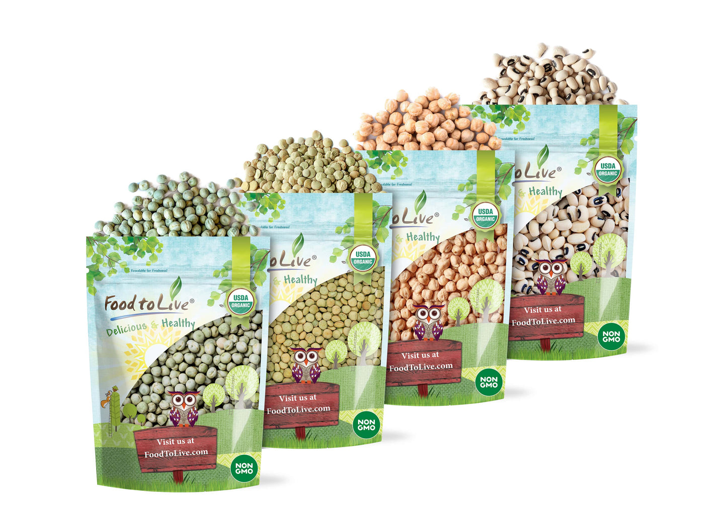 Organic Pulses Bundle, 4 Pack - Whole Green Peas (5 LB), Green Lentils (5 LB), Chickpeas (5 LB), Black-Eyed Peas (5 LB) - by Food To Live