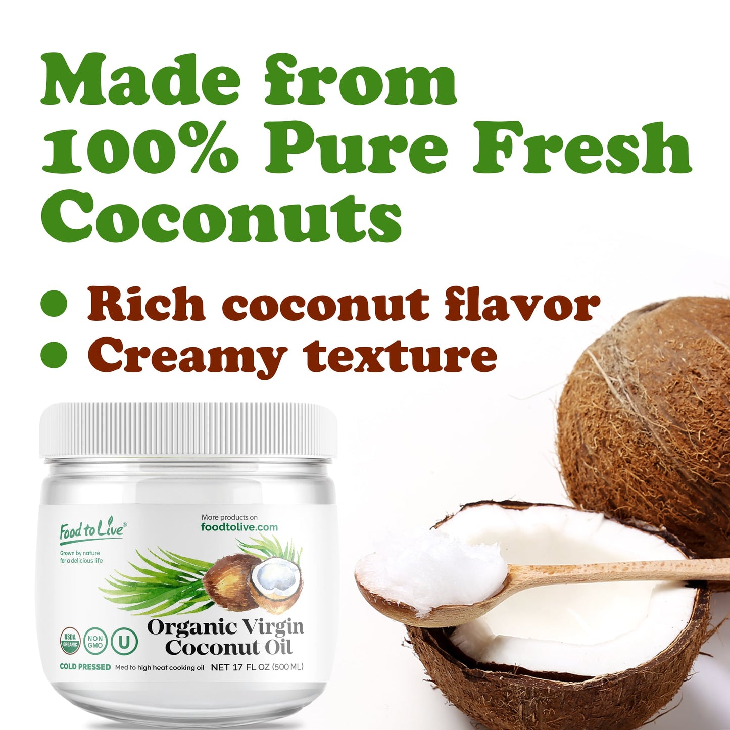 Organic Virgin Coconut Oil, 17 fl oz (500 ml) - by Food To Live