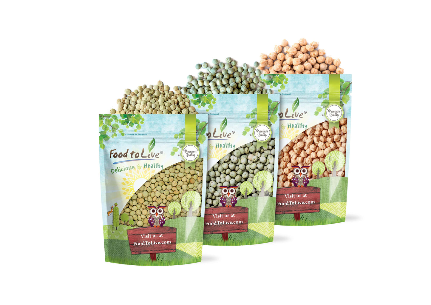 Premium Pulses Bundle, 3 Pack - Chickpeas (5 LB), Whole Green Peas (5 LB), Green Lentils (5 LB) - by Food To Live