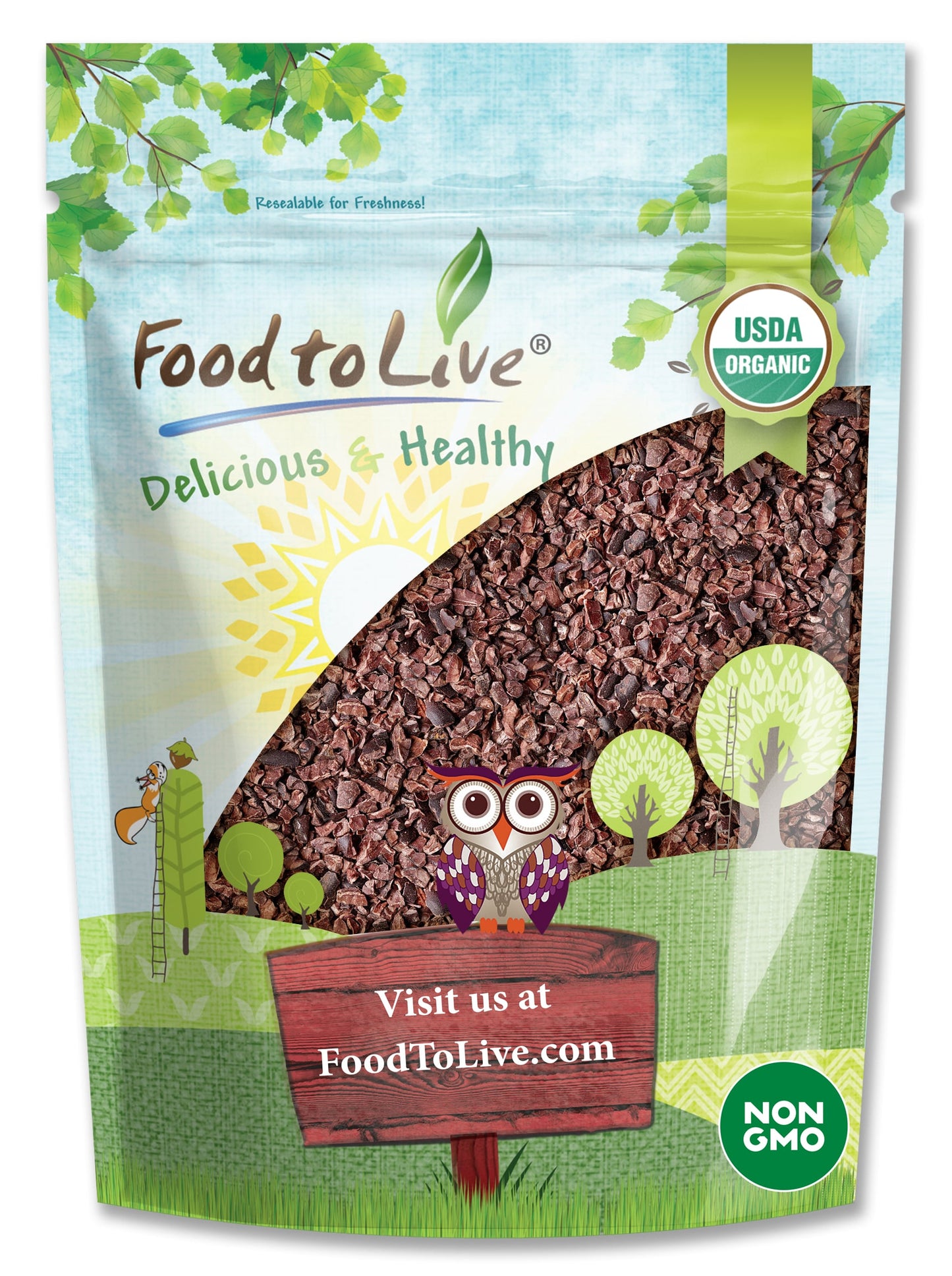 Organic Cacao Nibs - Unsweetened, Non-GMO, Kosher, Raw, Vegan, Sirtfood, Bulk - by Food to Live