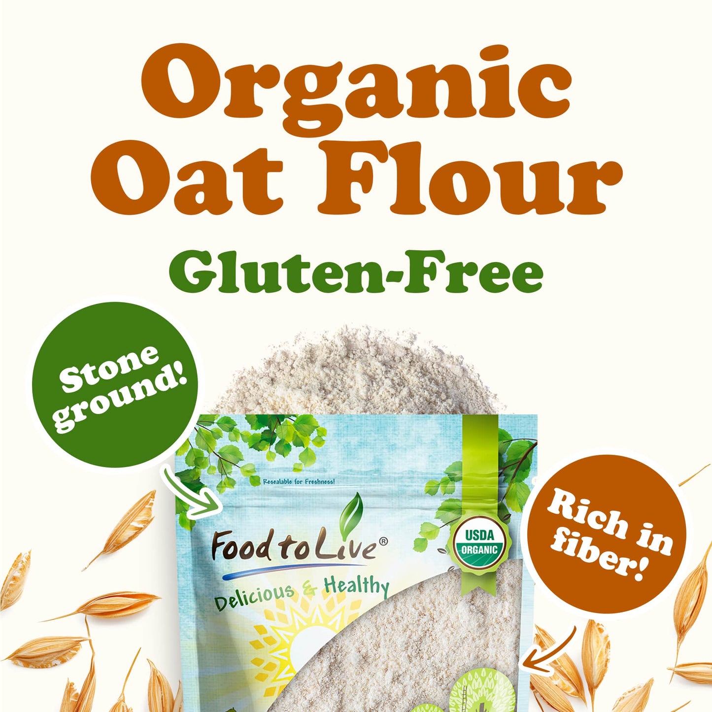 Gluten-Free Organic Oat Flour - Stone Ground from Whole Grain Oat Berries, Great for Baking Pancakes, Muffins, Waffles, and Bread; High in Fiber, Non-GMO, Kosher, Vegan, Bulk