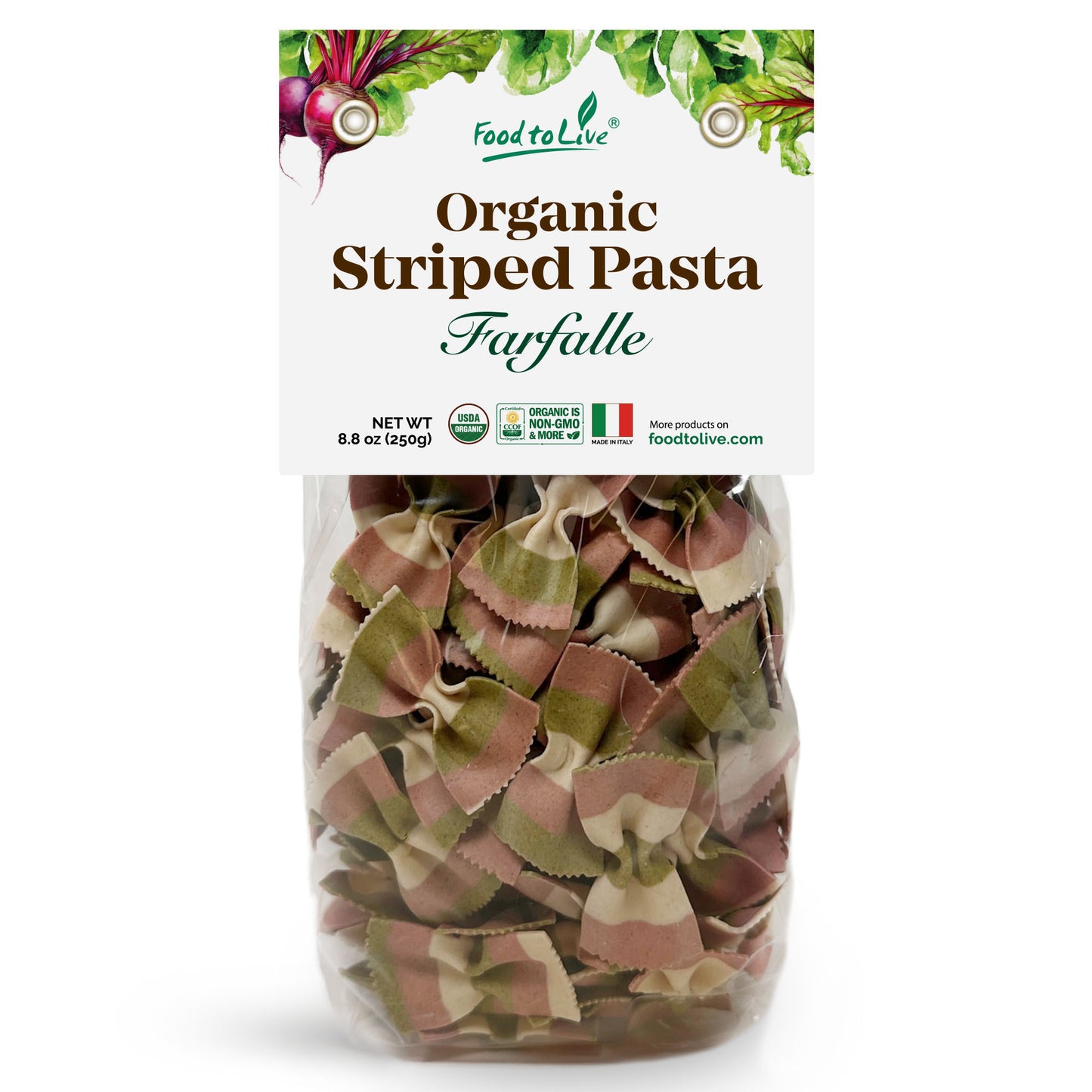 Organic Striped Farfalle Pasta – Italian Artisan Tri-Color Bow-Tie Pasta. Non-GMO, Vegan, Made with Semolina, Beet and Spinach. Perfect for Gourmet Cooking