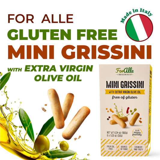 For Alle Gluten Free Mini Grissini with Extra Virgin Olive Oil, 6x1.05 oz (6.34 oz) – Oven-Baked. Vegan. Cholesterol-Free