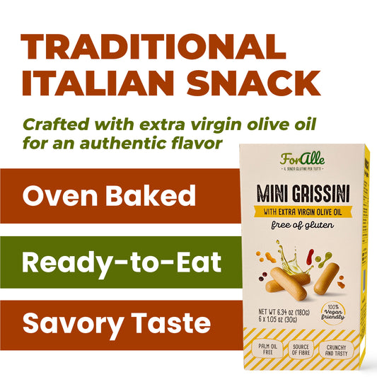For Alle Gluten Free Mini Grissini with Extra Virgin Olive Oil, 6x1.05 oz (6.34 oz) – Oven-Baked. Vegan. Cholesterol-Free