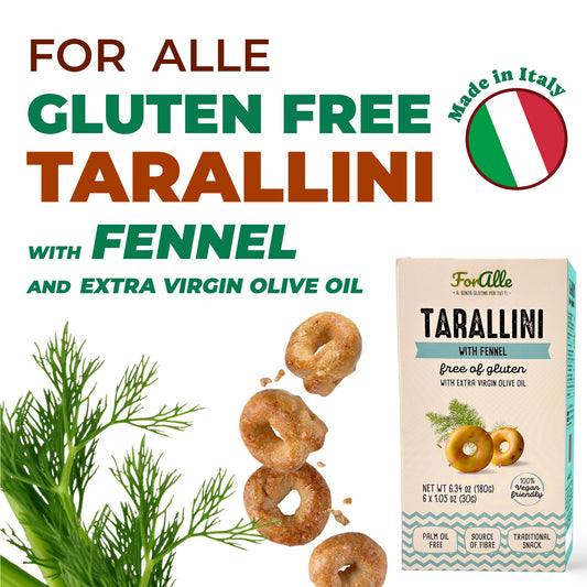 For Alle Gluten-Free Tarallini with Fennel and Extra Virgin Olive Oil, 6x1.05 oz (6.34 oz) – Oven-Baked. Vegan. Cholesterol-Free.