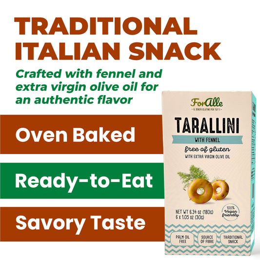 For Alle Gluten-Free Tarallini with Fennel and Extra Virgin Olive Oil, 6x1.05 oz (6.34 oz) – Oven-Baked. Vegan. Cholesterol-Free.