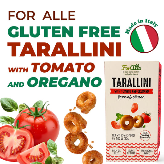 For Alle Gluten Free Tarallini with Tomato and Oregano, 6x1.05 oz (6.34 oz) – Traditional Italian Pugliese Snack. Oven-Baked. Vegan. Cholesterol-Free.