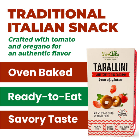For Alle Gluten Free Tarallini with Tomato and Oregano, 6x1.05 oz (6.34 oz) – Traditional Italian Pugliese Snack. Oven-Baked. Vegan. Cholesterol-Free.