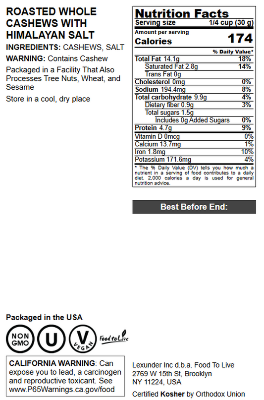 Dry Roasted Whole Cashews with Himalayan Salt - by Food To Live