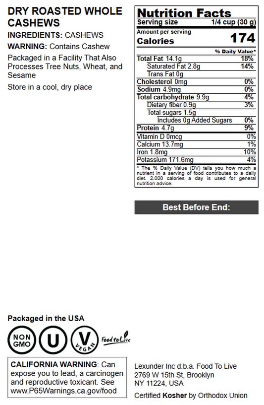 Dry Roasted Whole Cashews - by Food To Live