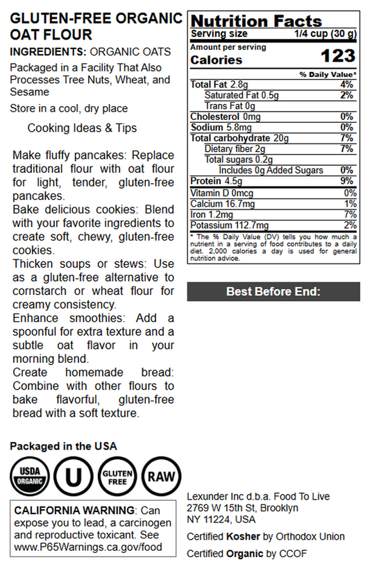 Gluten-Free Organic Oat Flour - by Food To Live