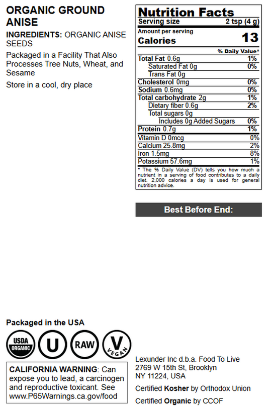 Organic Ground Anise – Non-GMO, Kosher, Vegan – by Food to Live