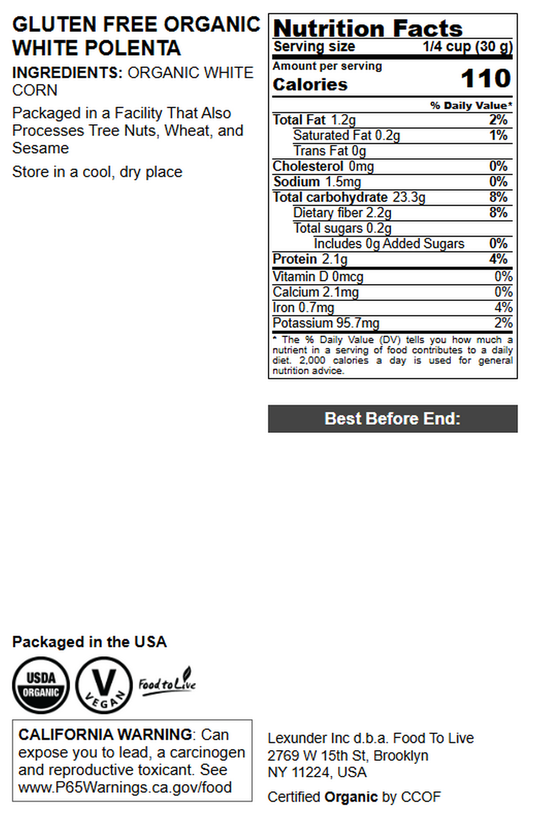 Gluten Free Organic White Polenta - by Food To Live