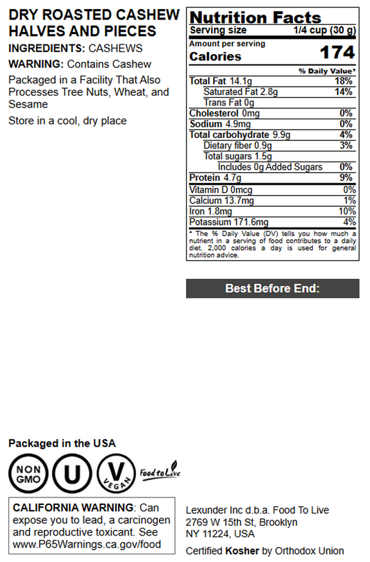 Dry Roasted Cashew Halves and Pieces - by Food To Live