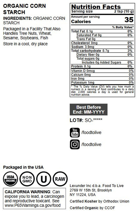Organic Corn Starch - Non-GMO, Kosher, Vegan - by Food to Live