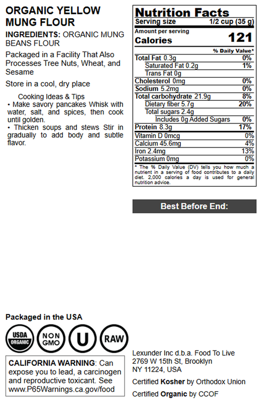 Organic Yellow Mung Flour – Non-GMO, Kosher, Vegan, Bulk – by Food to Live