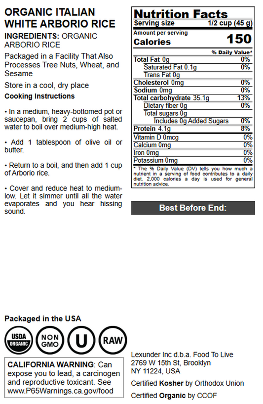 Organic Italian White Arborio Rice - by Food To Live