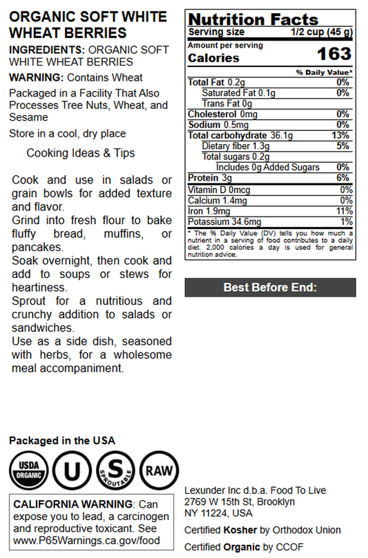 Organic Soft White Wheat Berries - by Food To Live