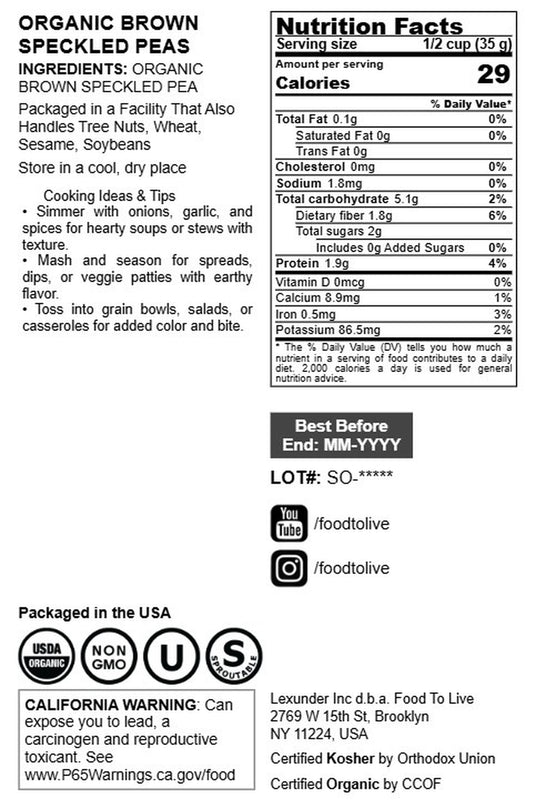 Organic Brown Speckled Peas - by Food To Live