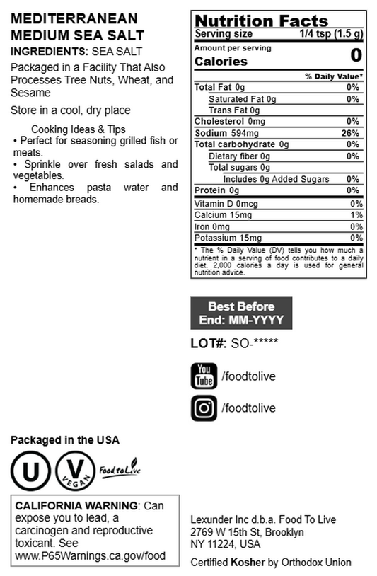 Mediterranean Medium Sea Salt – Vegan, Kosher, Bulk – by Food to Live