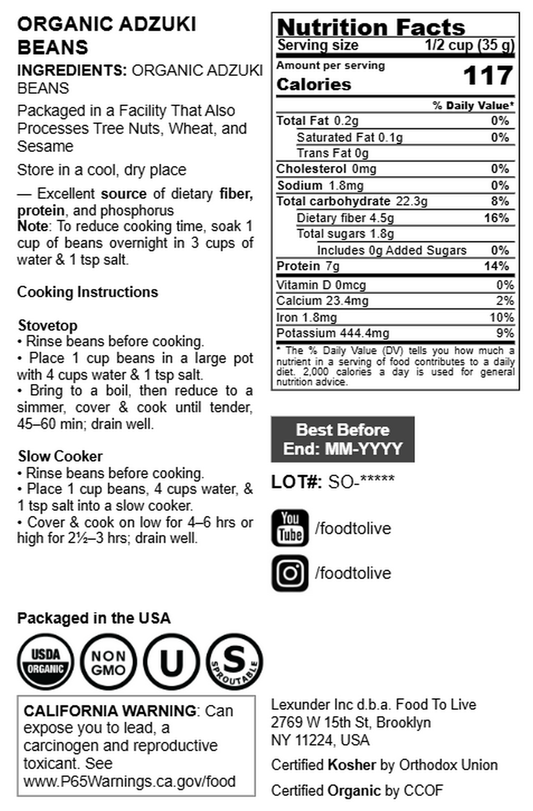 Organic Adzuki Beans - by Food To Live