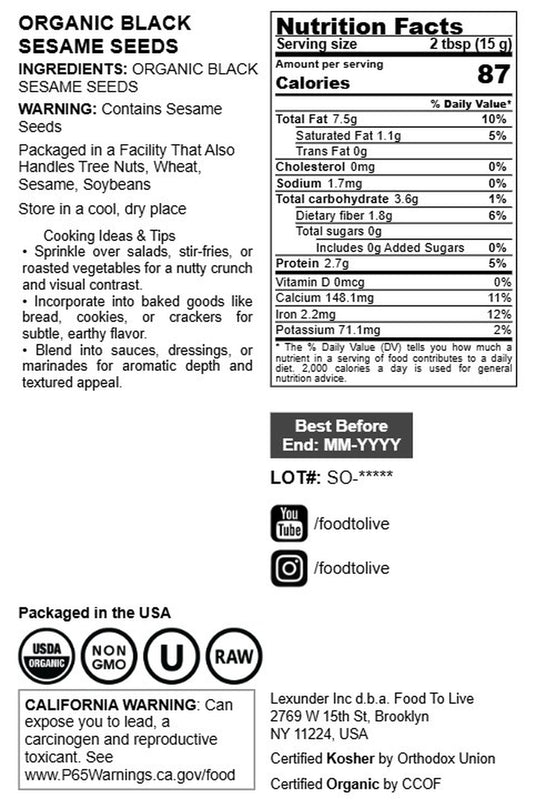 Organic Black Sesame Seeds - by Food To Live