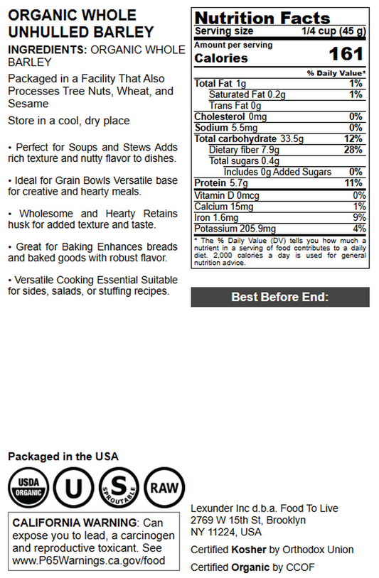 Organic Whole Unhulled Barley - by Food To Live