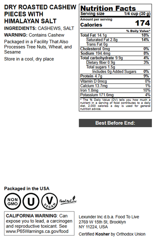 Dry Roasted Cashew Pieces with Himalayan Salt - by Food To Live