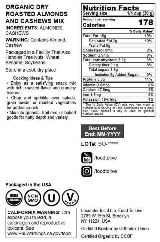 Organic Dry Roasted Almonds and Cashews Mix - by Food To Live