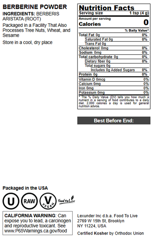Berberine Root Powder – Vegan, Kosher, Bulk – by Food to Live