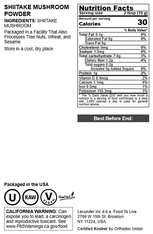 Shiitake Mushroom Powder – Kosher, Vegan, Bulk – by Food to Live
