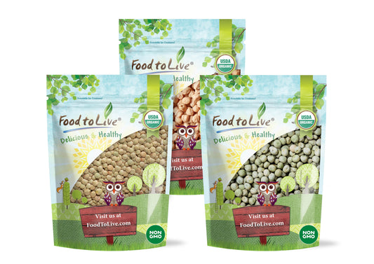 Organic Pulses Bundle, 3 Pack - Organic Whole Green Peas (5 LB), Organic Green Lentils (5 LB), Organic Chickpeas (5 LB) - by Food To Live