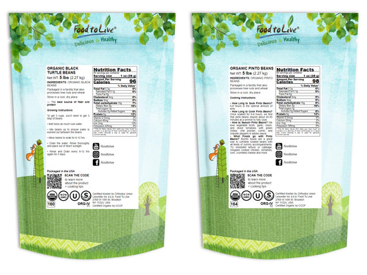 Organic Dry Beans Bundle, 2 Pack - Organic Black Beans (5 LB), Organic Pinto Beans (5 LB) - by Food To Live
