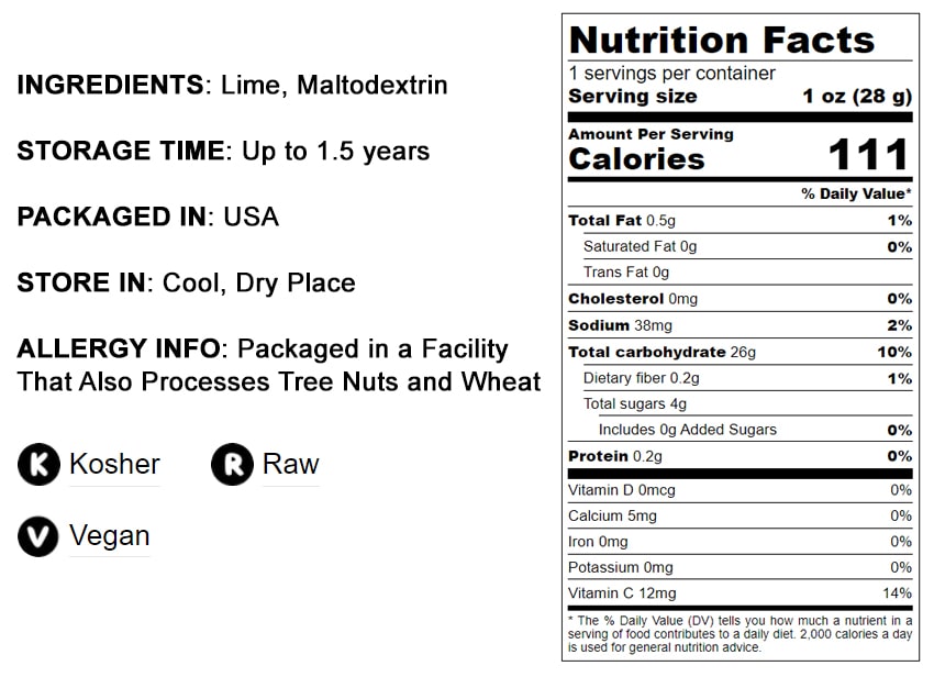 Lime Juice Powder - Unsulfured, Made from Raw Dried Citrus Fruit, Vegan, Bulk, Great for Juices, Smoothies, Yogurts, and Instant Breakfast Drinks, Contains Maltodextrin, No Sulphites