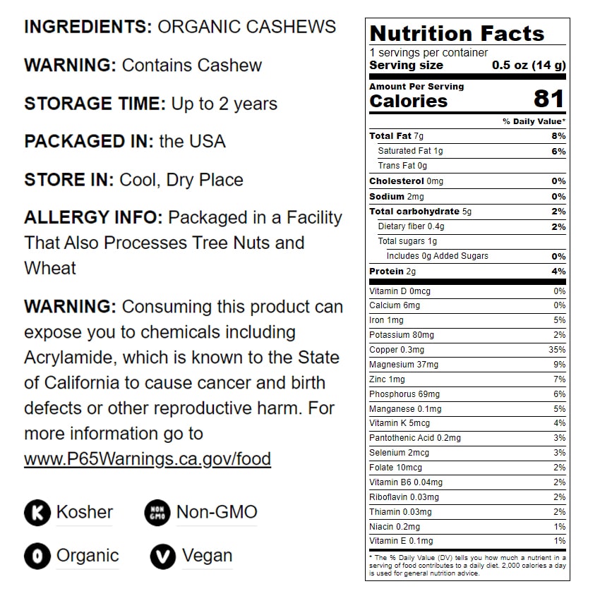Organic Dry Roasted Whole Cashews - by Food To Live