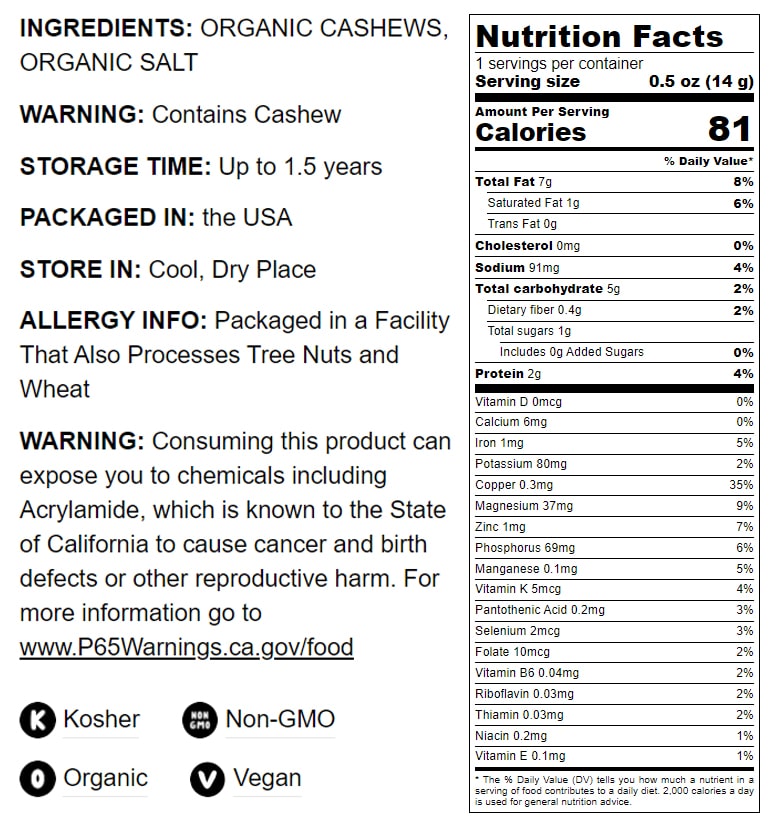Organic Dry Roasted Whole Cashews with Himalayan Salt - by Food To Live