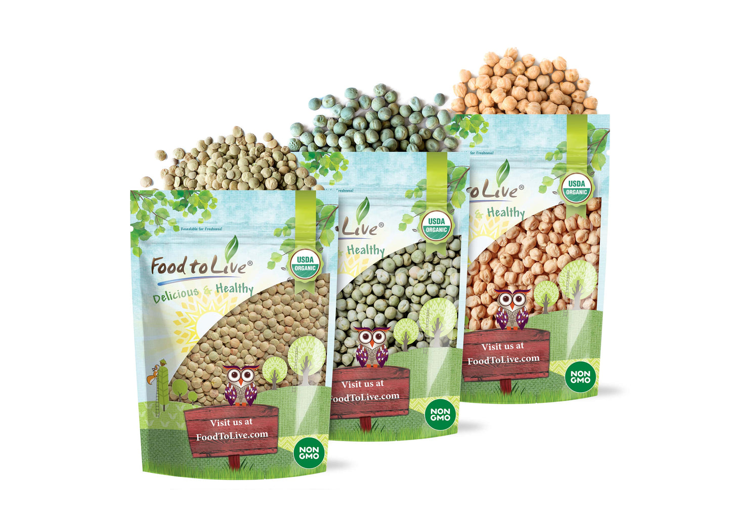 Organic Pulses Bundle, 3 Pack - Organic Whole Green Peas (5 LB), Organic Green Lentils (5 LB), Organic Chickpeas (5 LB) - by Food To Live