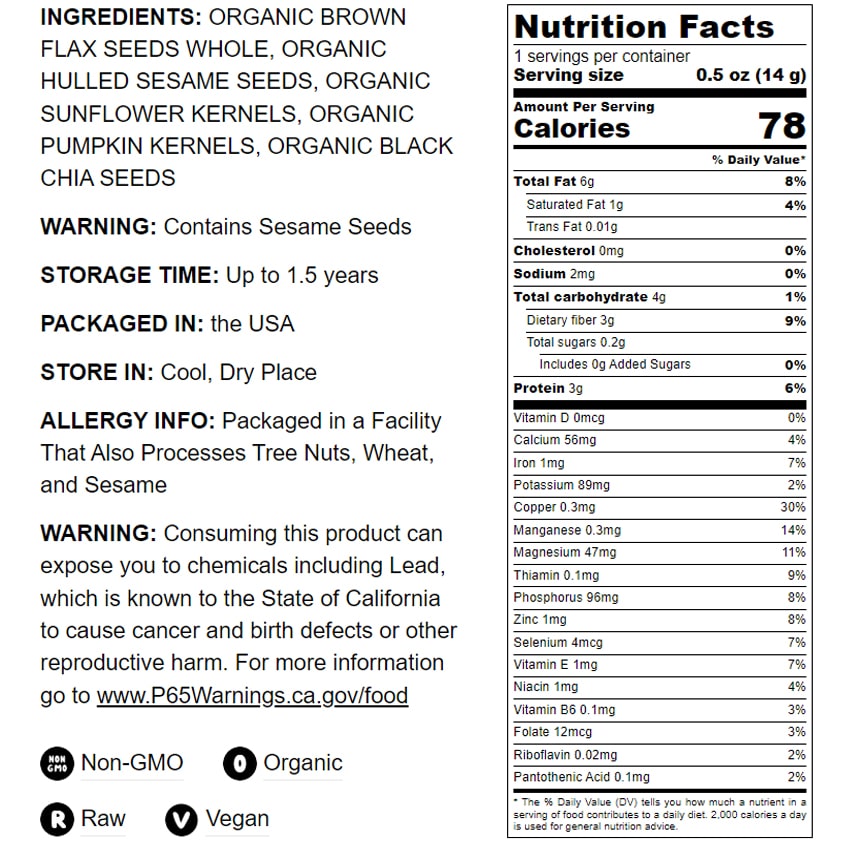 Organic Super 5 Seeds Mix - by Food To Live