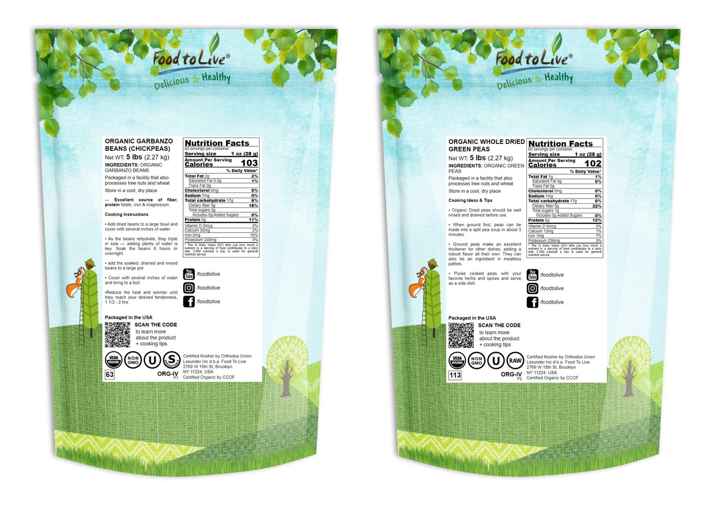 Organic Pulses Bundle, 2 Pack - Organic Chickpeas (5 LB), Organic Whole Green Peas (5 LB) - by Food To Live